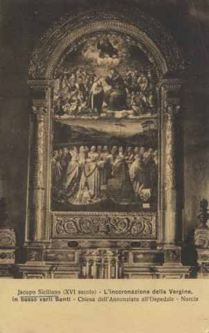 Alinari, Fratelli — Jacopo Siciliano (XVI secolo). L'Incoronazione della Vergine. In basso varii Santi - Chiesa dell'Annunziata dll'Ospedale - Norcia — insieme